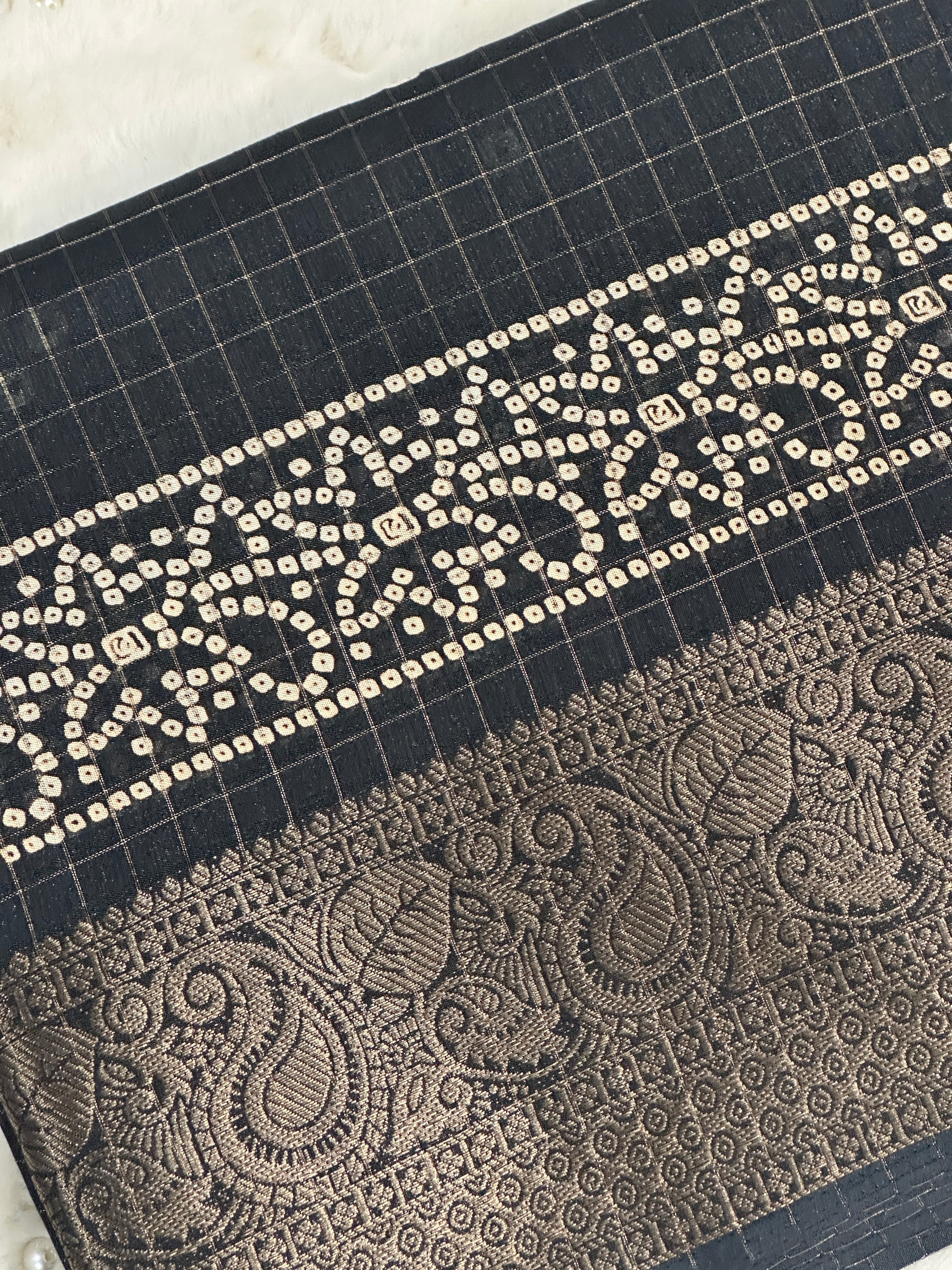 Black Bandhej Print Dola Silk Saree