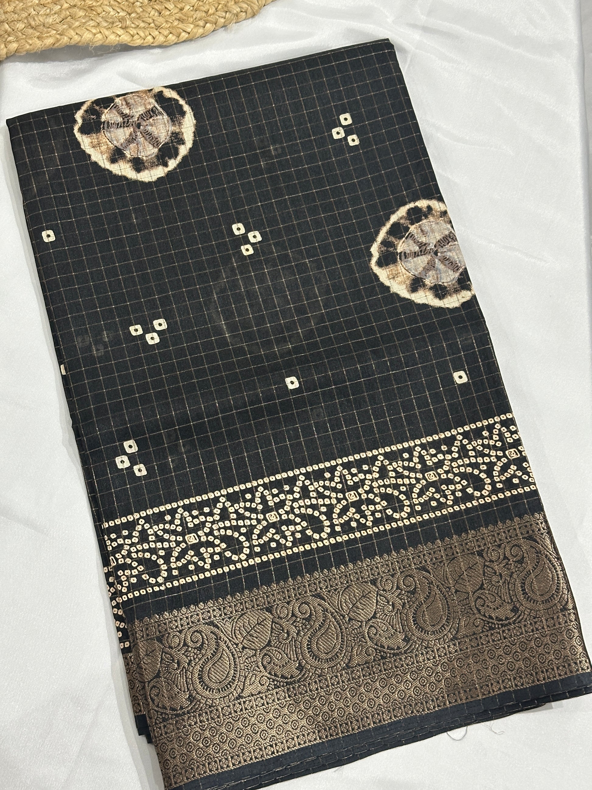 Black Bandhej Print Dola Silk Saree