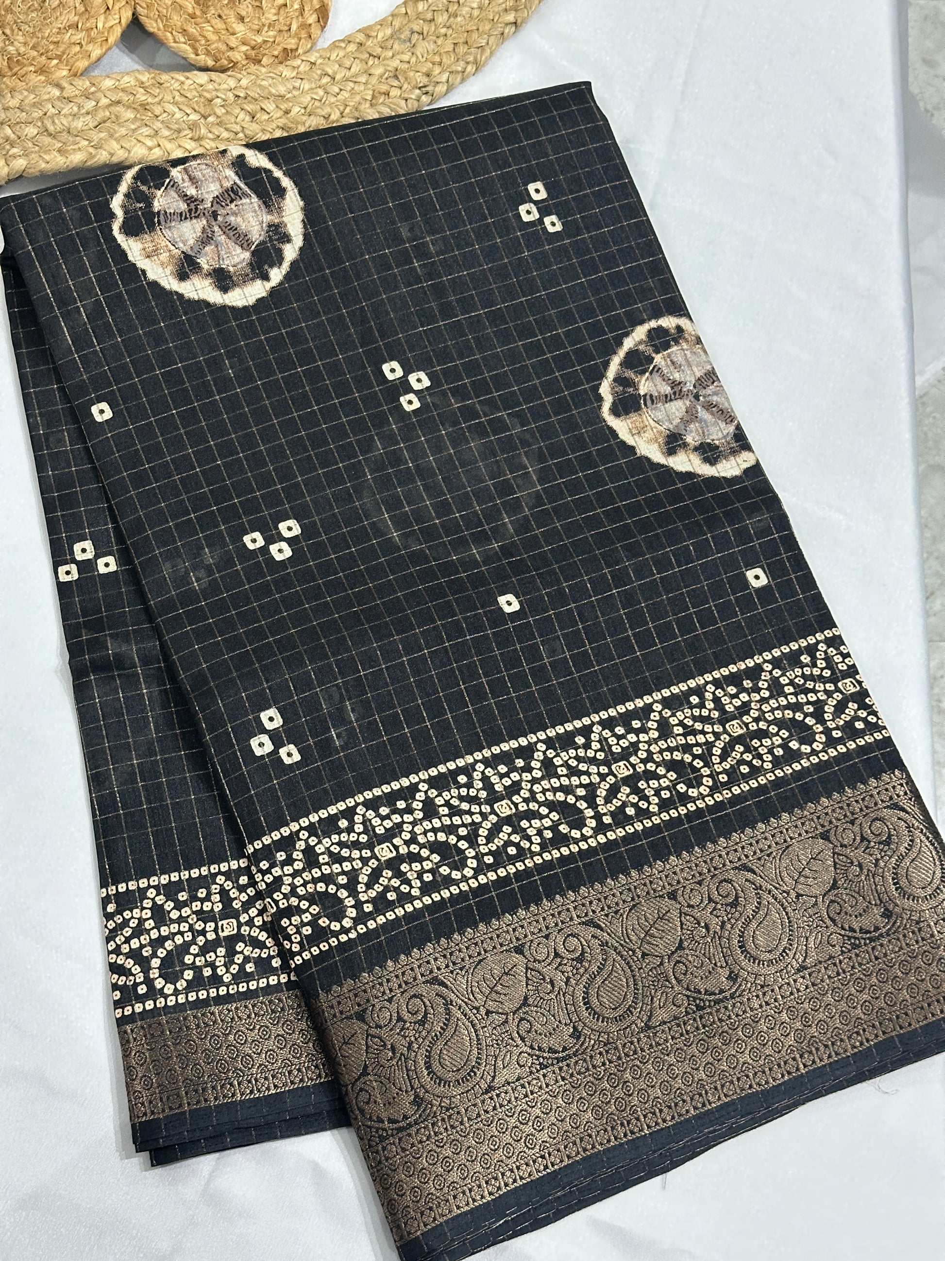 Black Bandhej Print Dola Silk Saree
