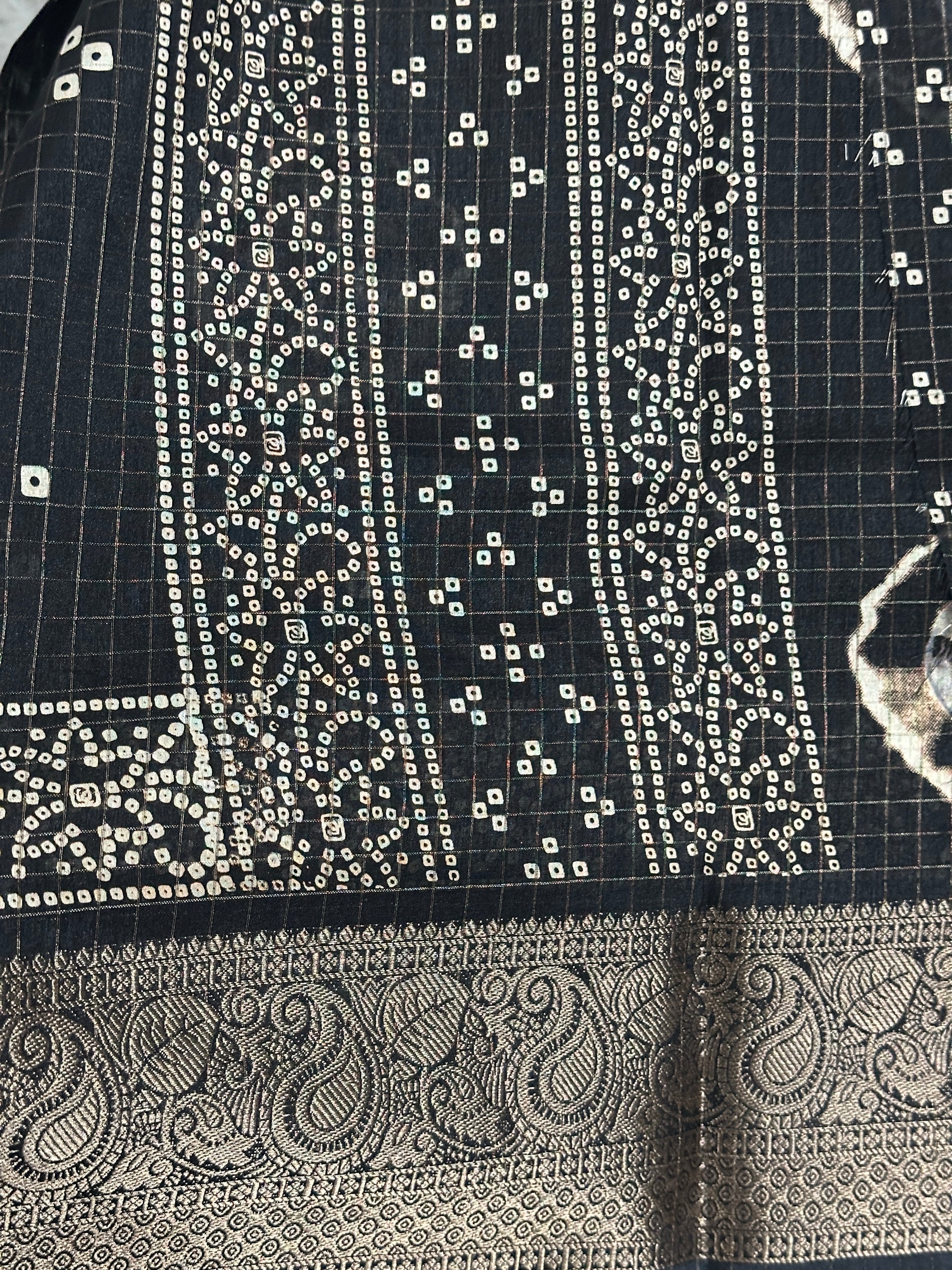Black Bandhej Print Dola Silk Saree