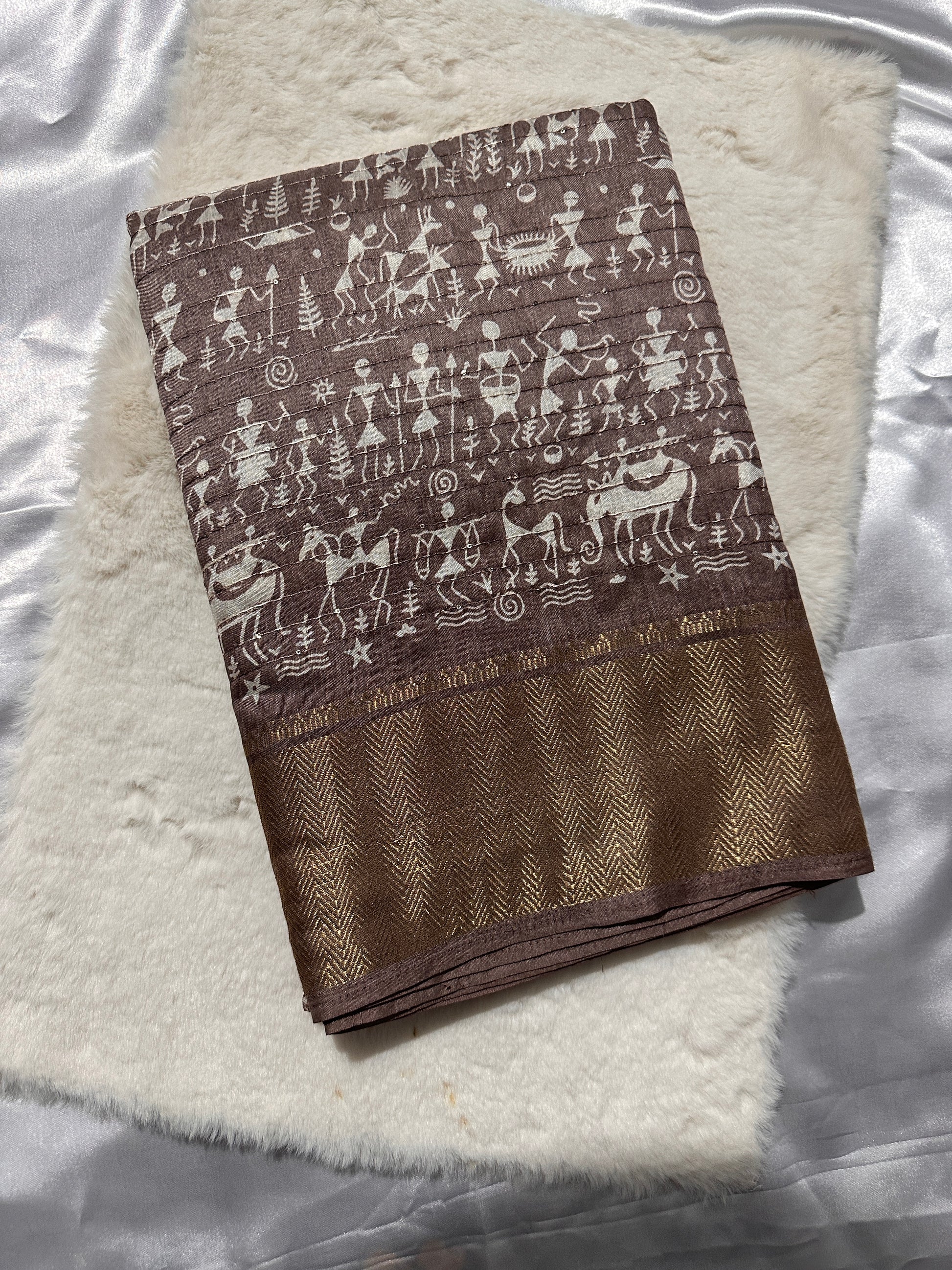 Light Brown Dola Silk Warli Print Saree