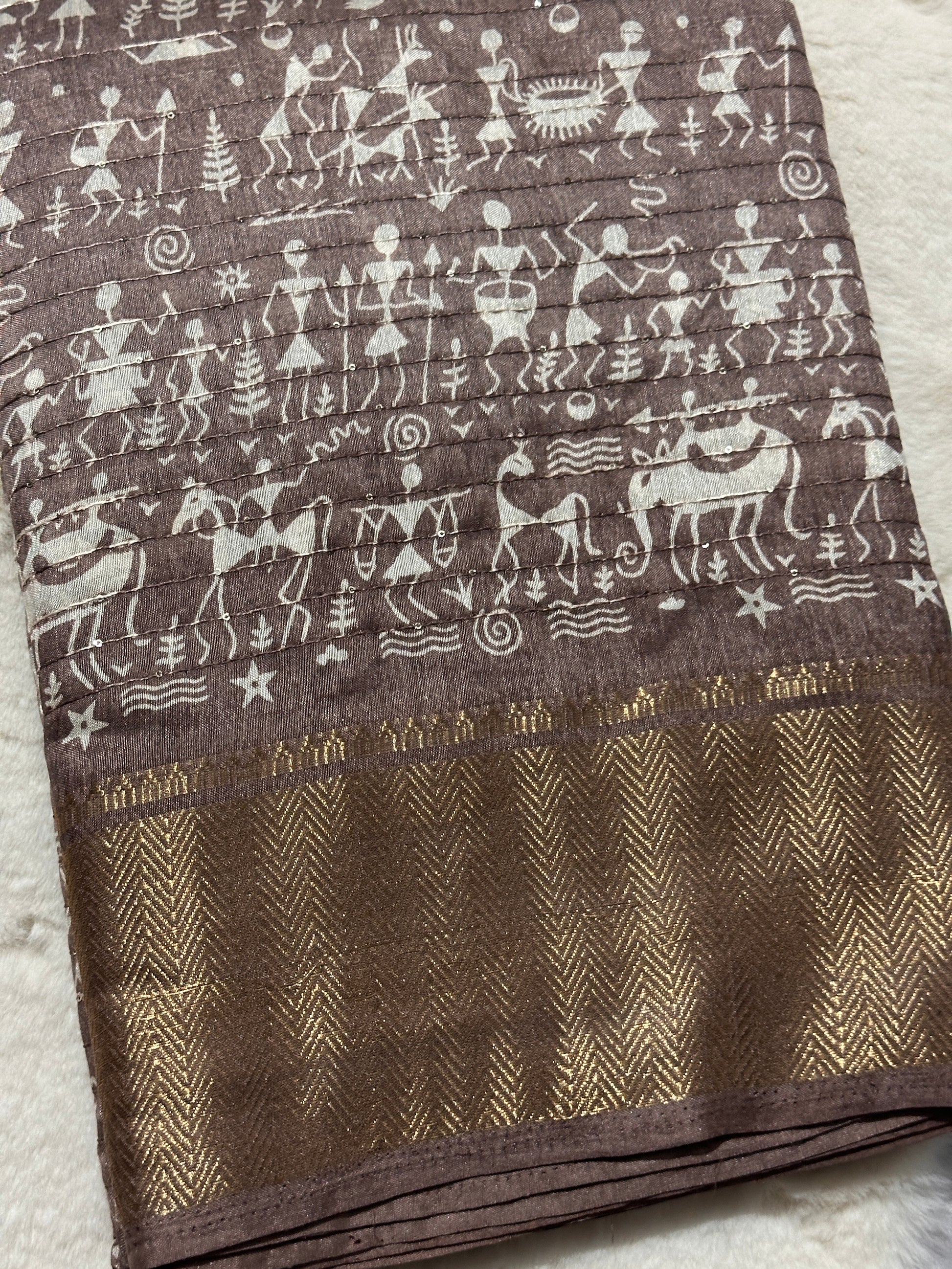 Light Brown Dola Silk Warli Print Saree