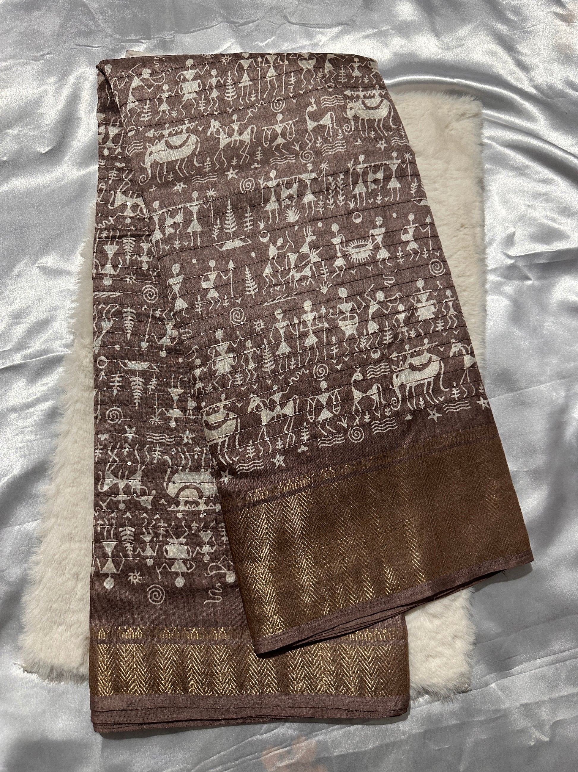 Light Brown Dola Silk Warli Print Saree
