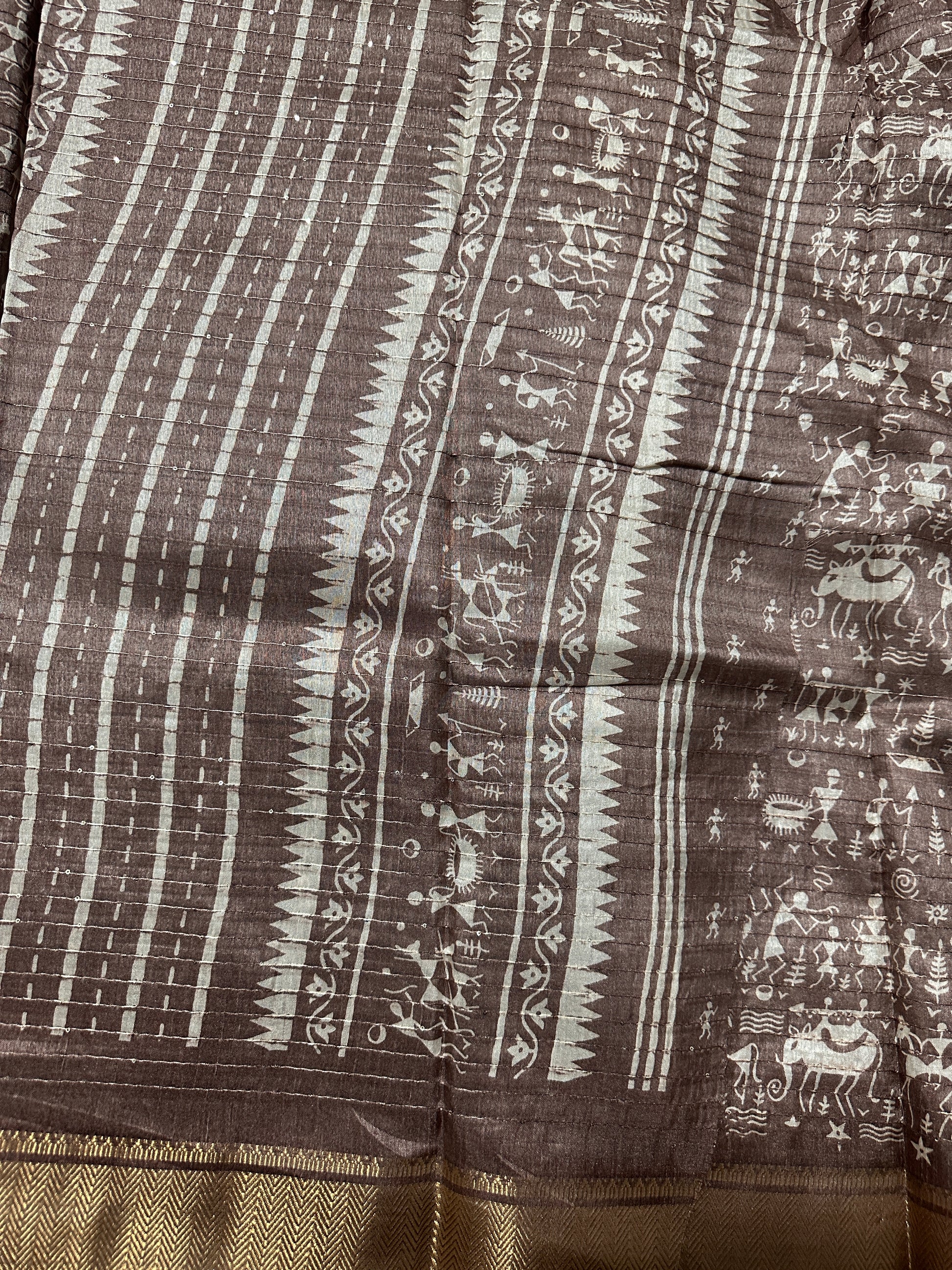 Light Brown Dola Silk Warli Print Saree