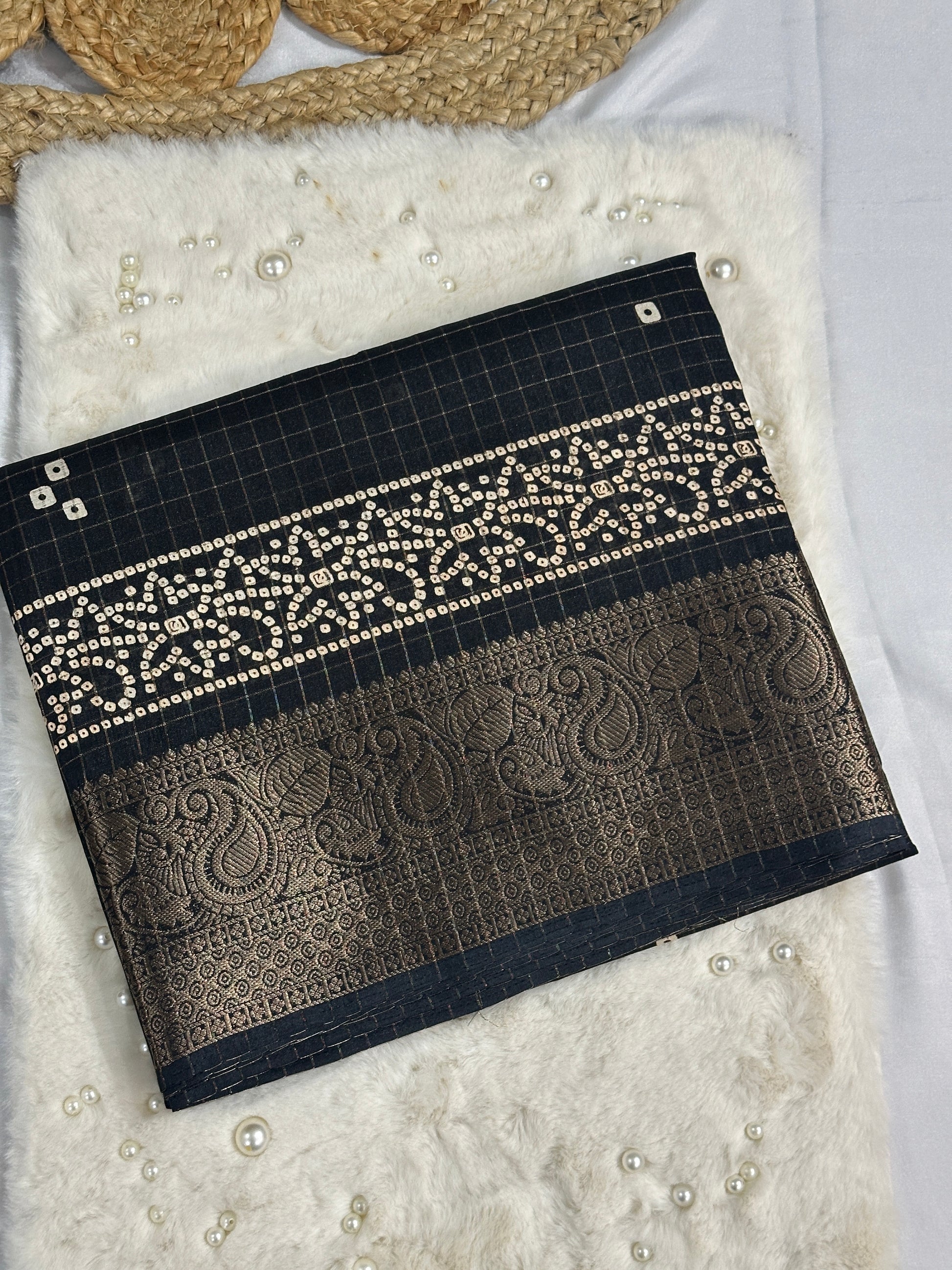 Black Bandhej Print Dola Silk Saree
